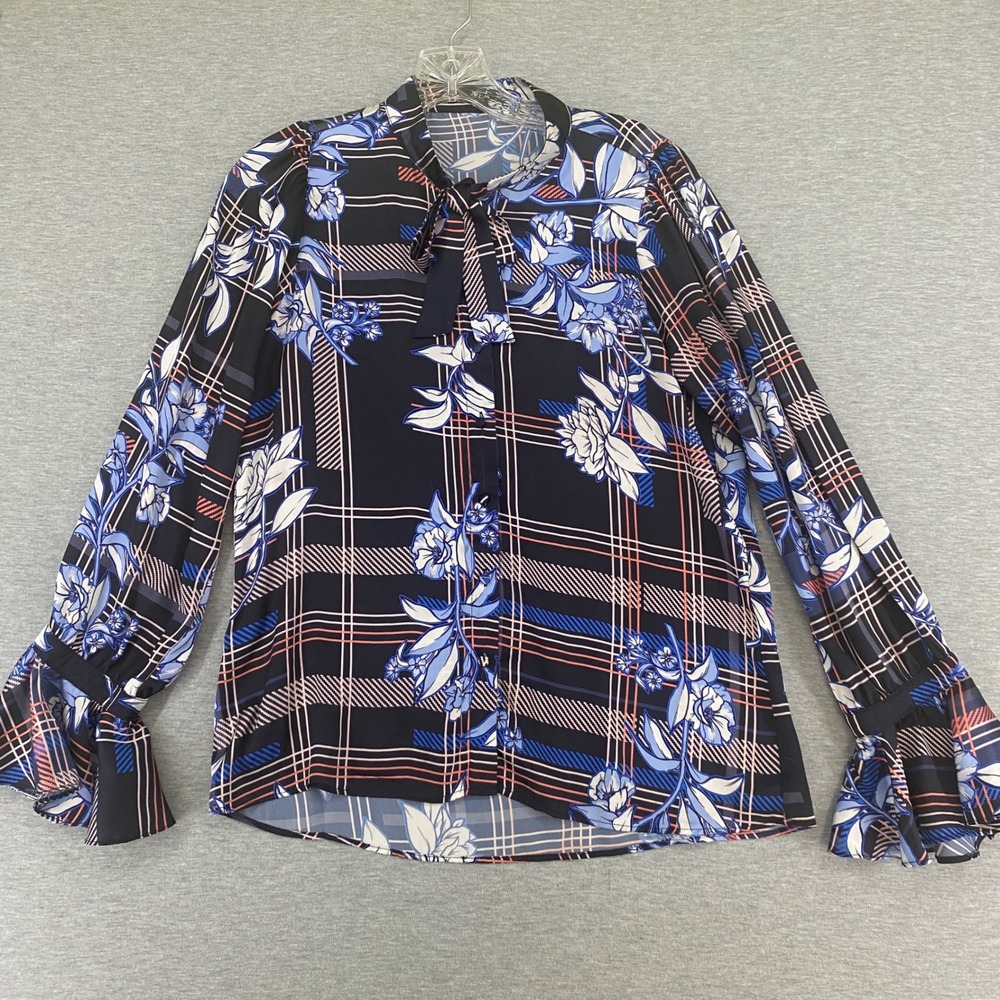 ELA Boho Chic Floral Plaid Tie Neck Blouse Women M Blue Ruffle Cuff Long Sleeve